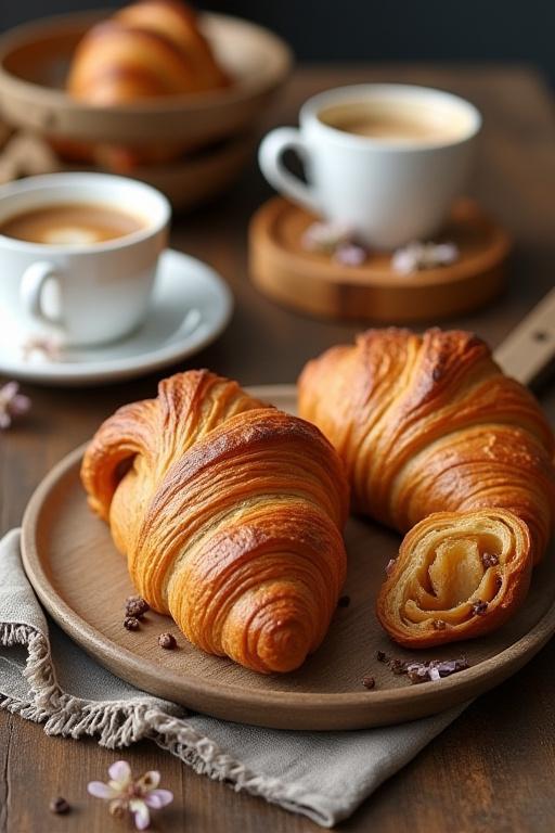 갓 구운 크루아상과 커피가 담긴 화보