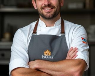 브랜드 로고가 새겨진 앞치마를 입은 셰프